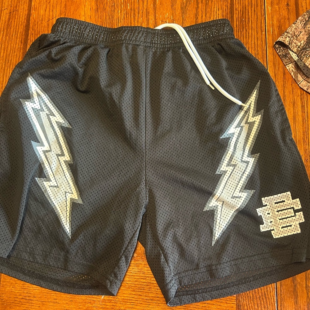 Eric Emanuel Black Shorts with Silver Lightning Design